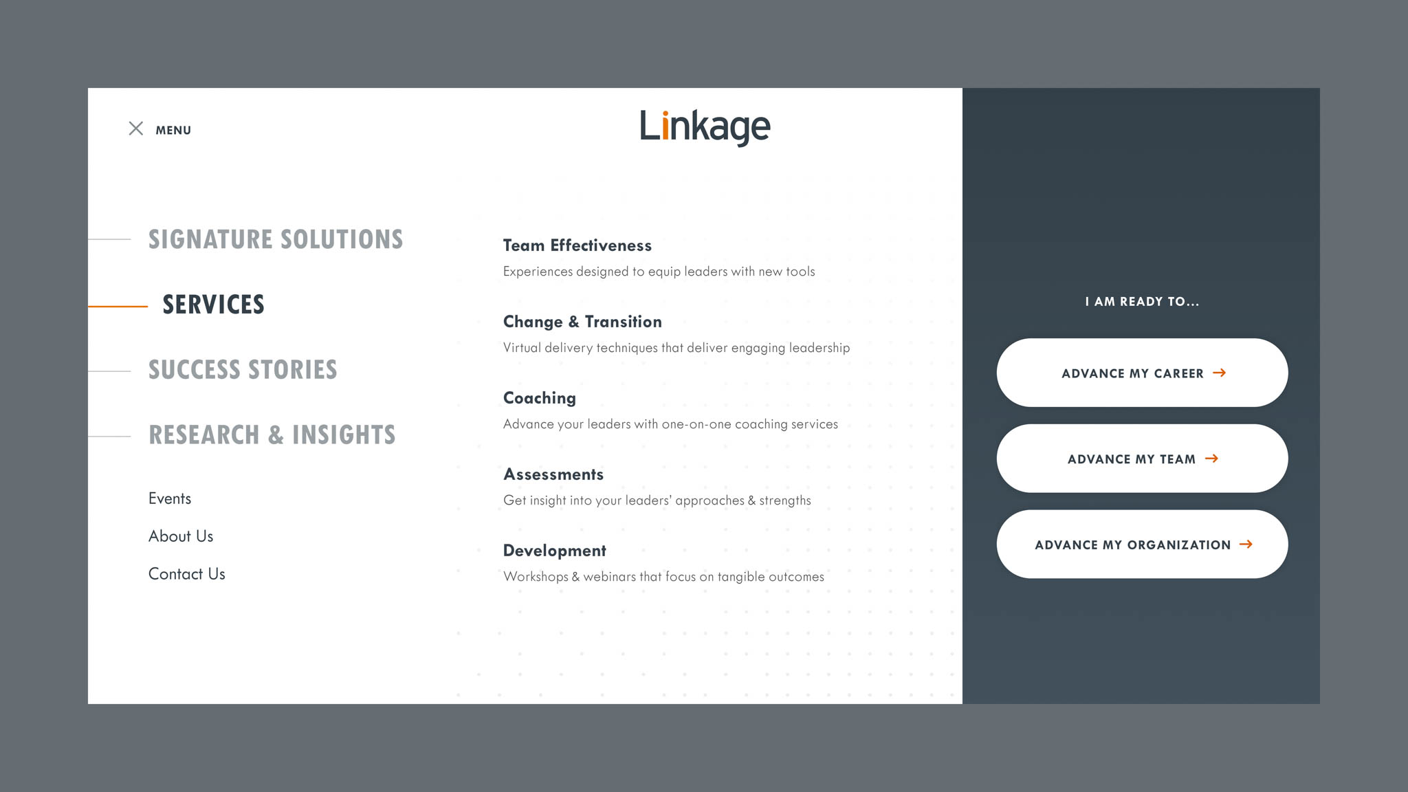 Linkage website menu navigation.