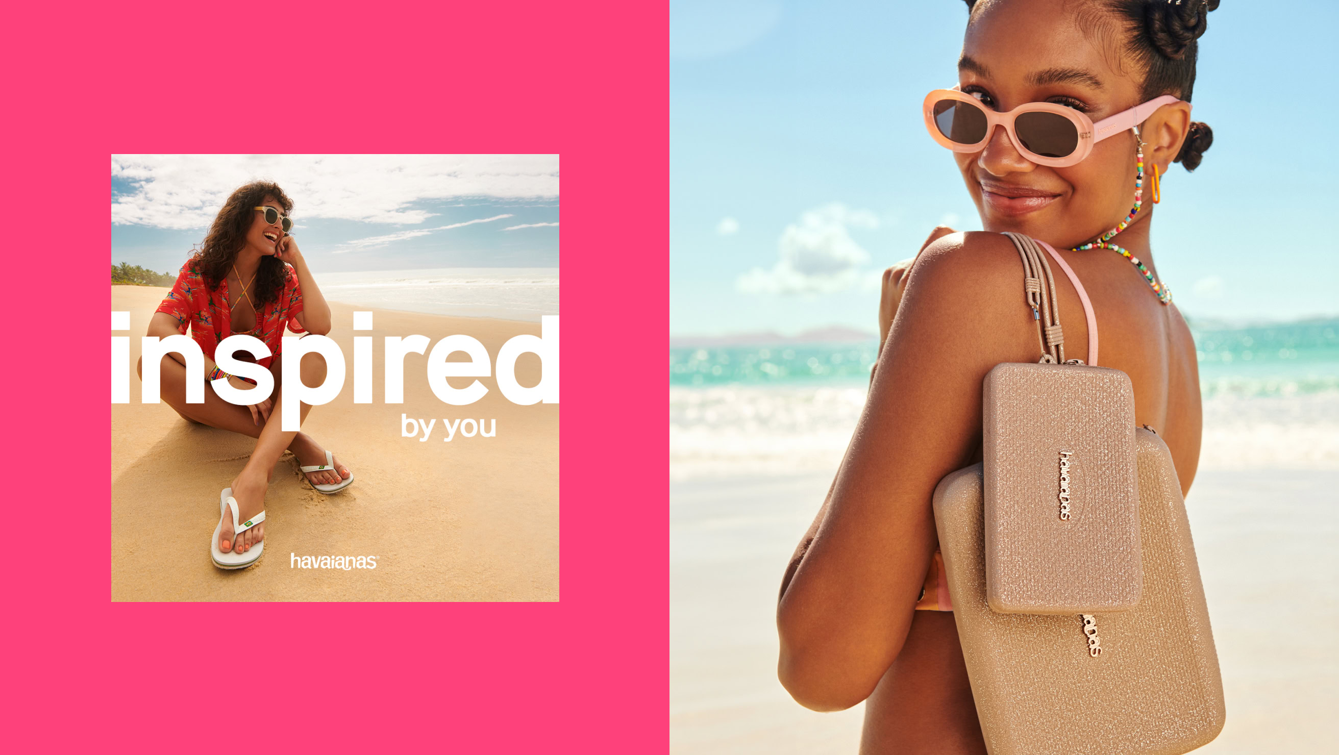 Two-part advertisement featuring a young woman sitting on a beach in a red dress on the left, and a close-up of another smiling young woman wearing sunglasses and holding a glittery purse on the right.