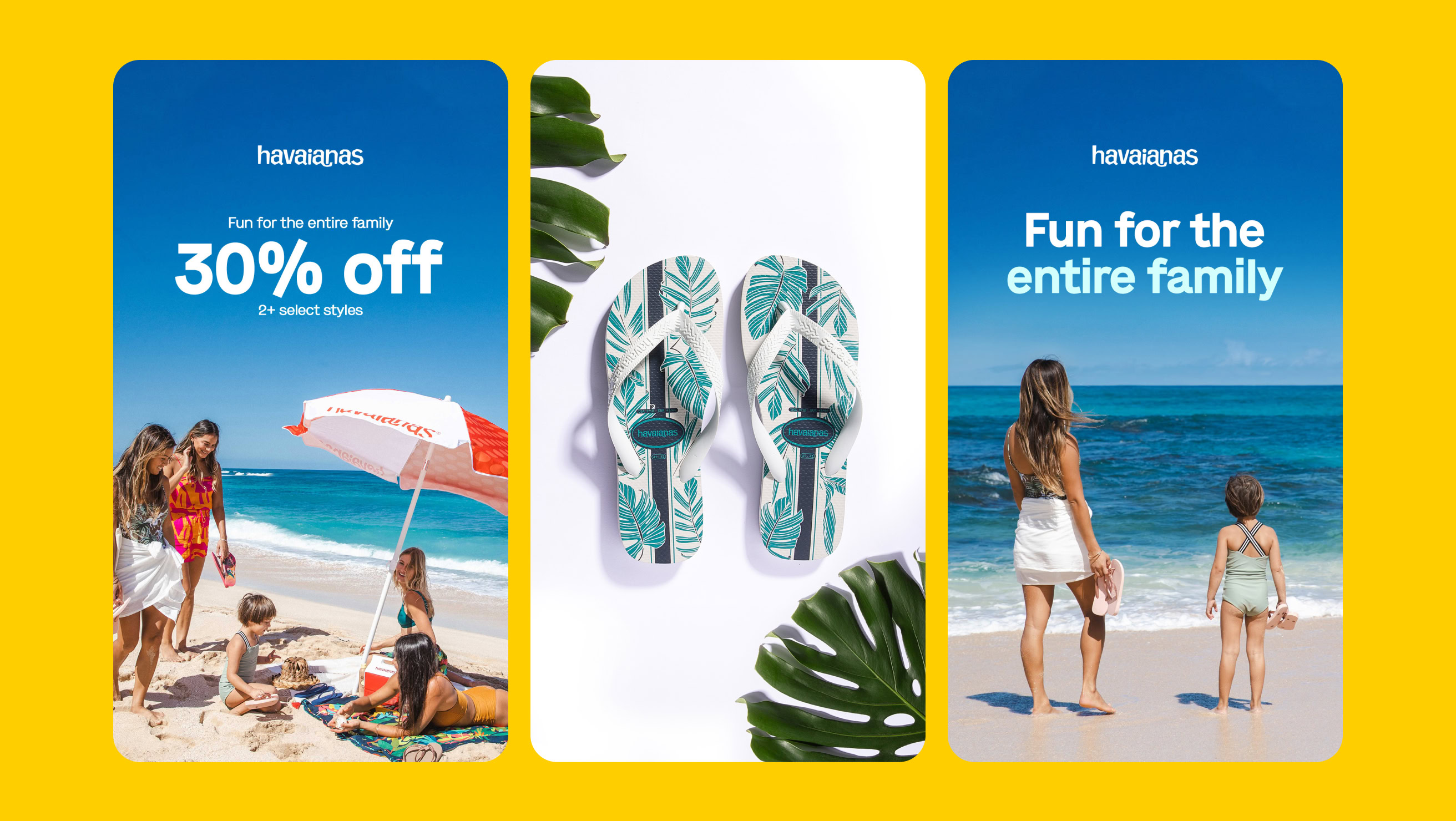 Three-panel promotional image for Havaianas sandals featuring a beach scene with a family, a close-up of flip-flops with leaves, and a woman with two children looking at the ocean.