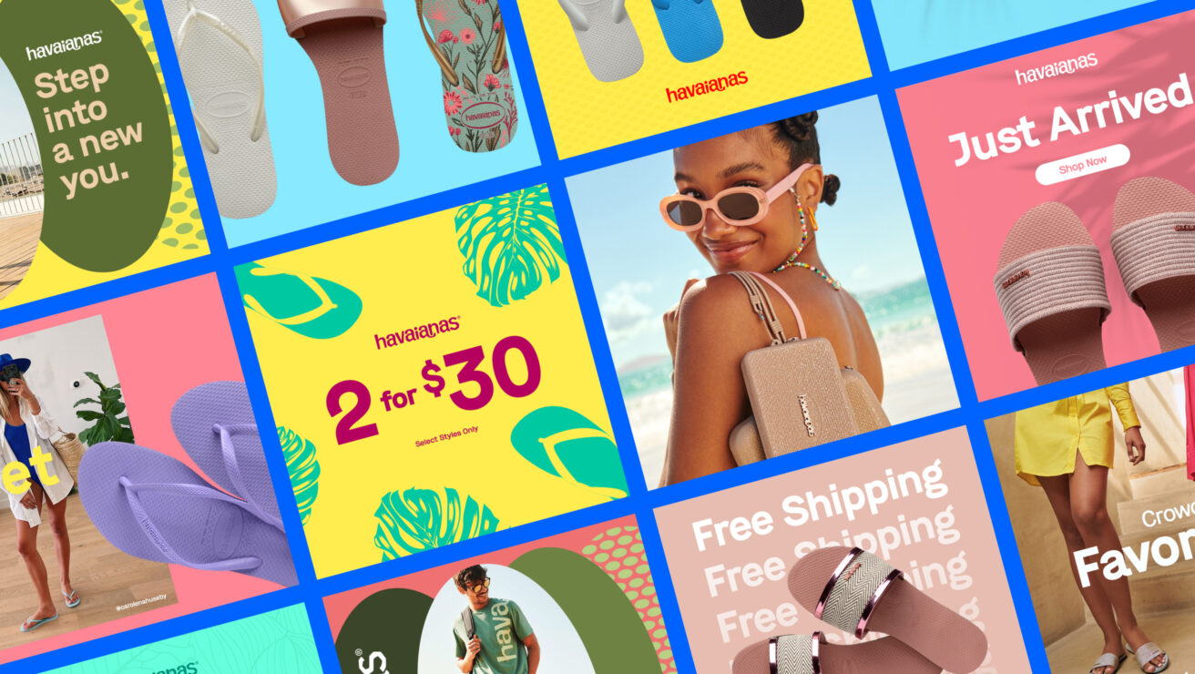 Collage of colorful promotional images for Havaianas flip-flops featuring several models, special offers, and product close-ups.