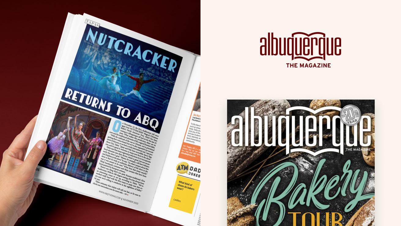 Two magazine covers displayed side-by-side; one depicts a Nutcracker ballet performance, the other highlights the cover of Albuquerque The Magazine.