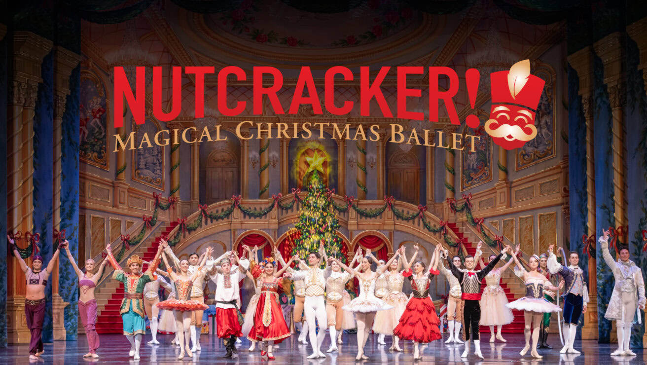 A banner with a the cast of the Nutcracker on stage and the text "Nutcracker! Magical Christmas Ballet" next to a logo of a nutcracker head.