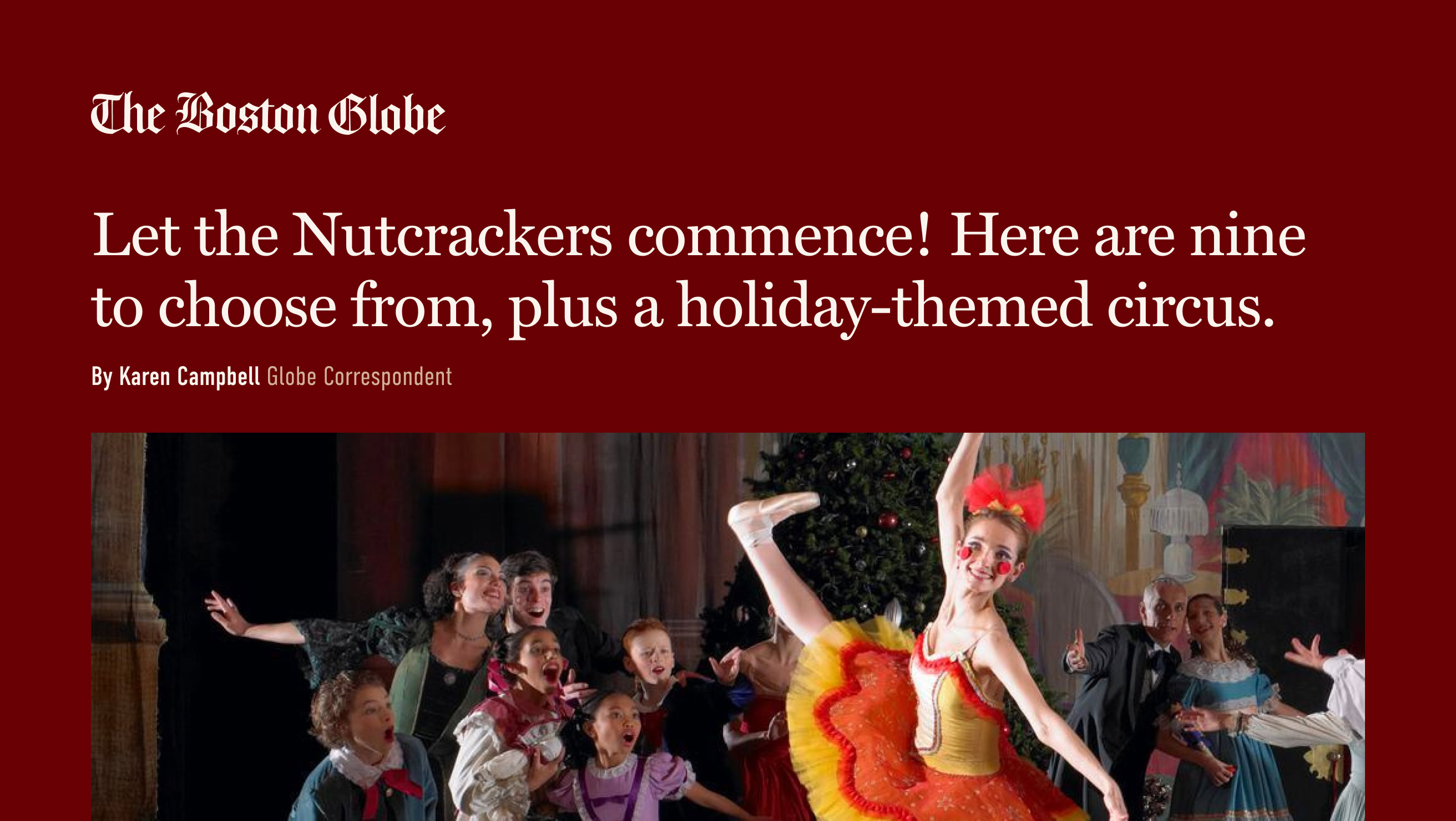 A ballet dancer in a colorful costume performing with children looking on in awe at a holiday-themed event, with The Boston Globe logo at the top.