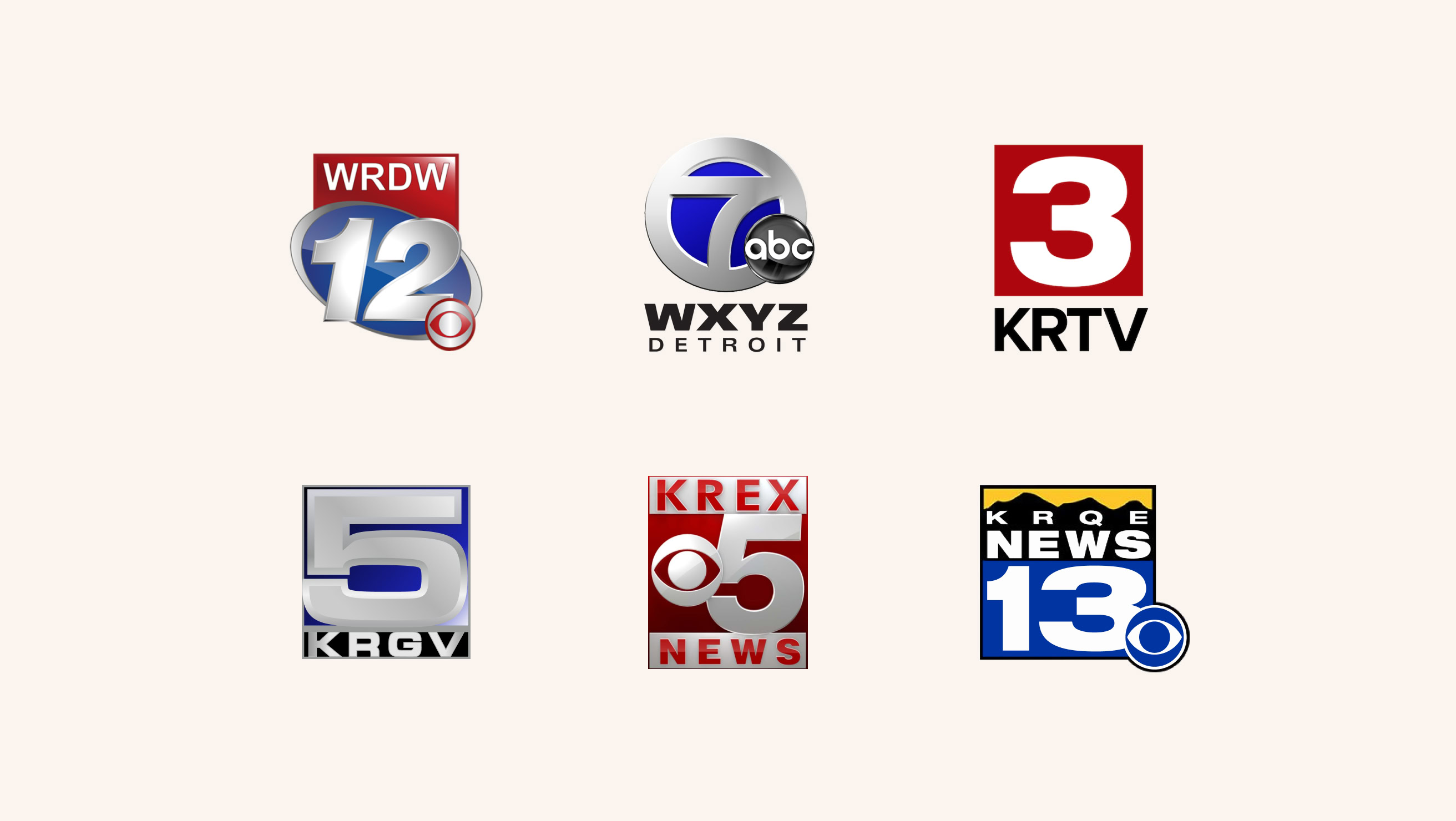Logos of six different american tv stations: WRDW 12, WXYZ 7 ABC Detroit, KRTV 3, KRGV 5, KREX 5 News, and KRGE News 13.