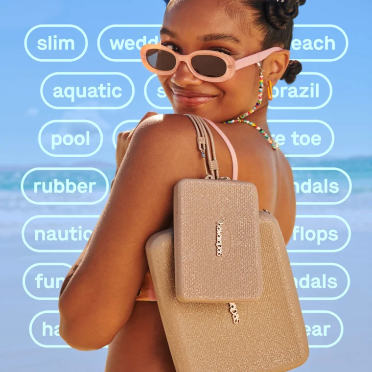 Person on a beach wearing sunglasses, holding two textured beige bags. Background features words like "slim," "wedge," "beach," and "nautical.