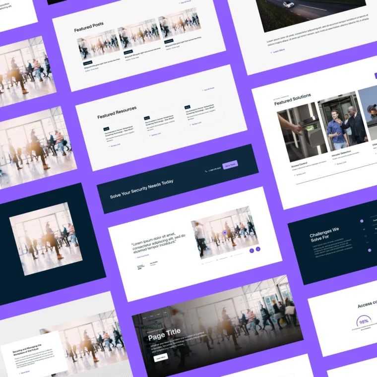 A series of webpage mockups displayed at an angle on a purple background, featuring images, text sections, and various layout designs.