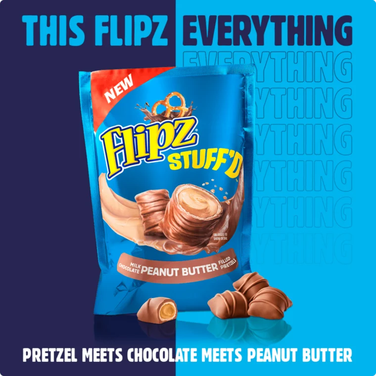 Bag of Flipz Stuff'd with milk chocolate peanut butter-filled pretzels, surrounded by cut pretzels, against a blue and purple background. Text reads: "This Flipz Stuff'd everything.