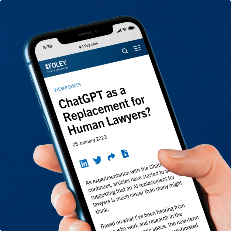 Person holding a smartphone displaying an article titled "ChatGPT as a Replacement for Human Lawyers?" with a January 5, 2023 date.