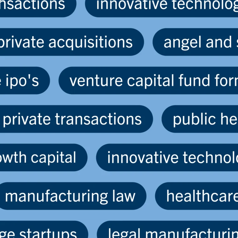 A grid of blue rectangles with white text listing business terms like "venture capital," "healthcare," and "startups.