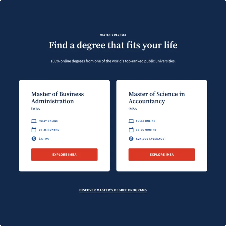 Comparison of online Master's programs in Business Administration and Accountancy, detailing duration, cost, and offering "Explore" buttons for each.