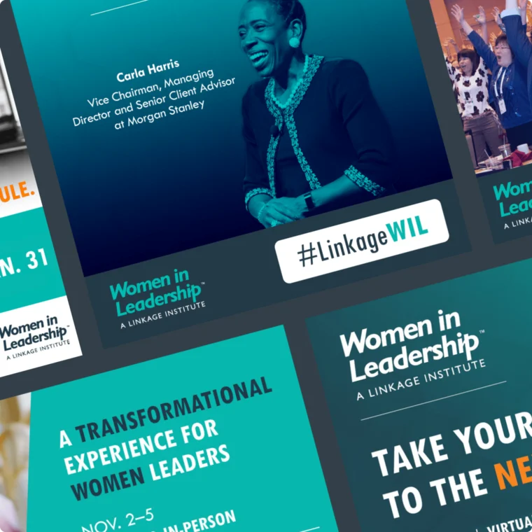Collage of promotional images for "Women in Leadership" event by Linkage. Central image features a speaker. Hashtags and event details are included.
