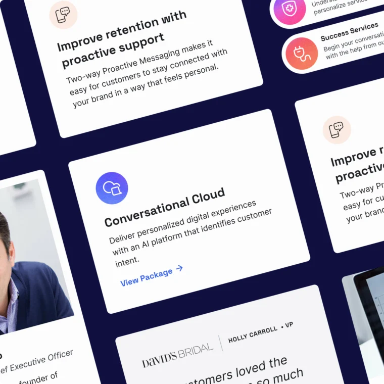 Digital dashboard displaying business services related to customer retention, messaging, and AI-driven support solutions. Includes sections like "Conversational Cloud" and "Improve retention with proactive support.