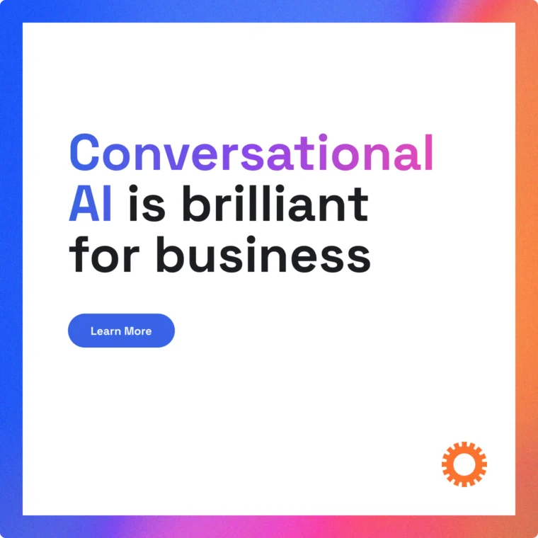 Text on image: "Conversational AI is brilliant for business." A "Learn More" button and a small gear icon are present. Background is a gradient of blue and red.