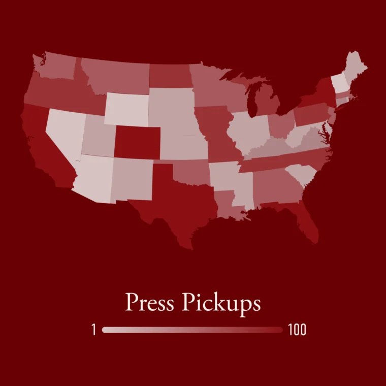 Map of the United States showing varying intensity of "Press Pickups" across states, with a color gradient from light to dark red indicating a scale from 1 to 100.