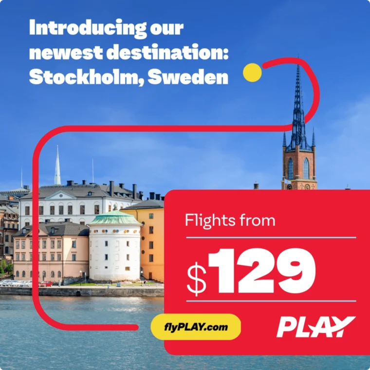 Advertisement for flights to Stockholm, Sweden, starting at $129, by Play Airlines. The background shows a cityscape with water and a church spire.