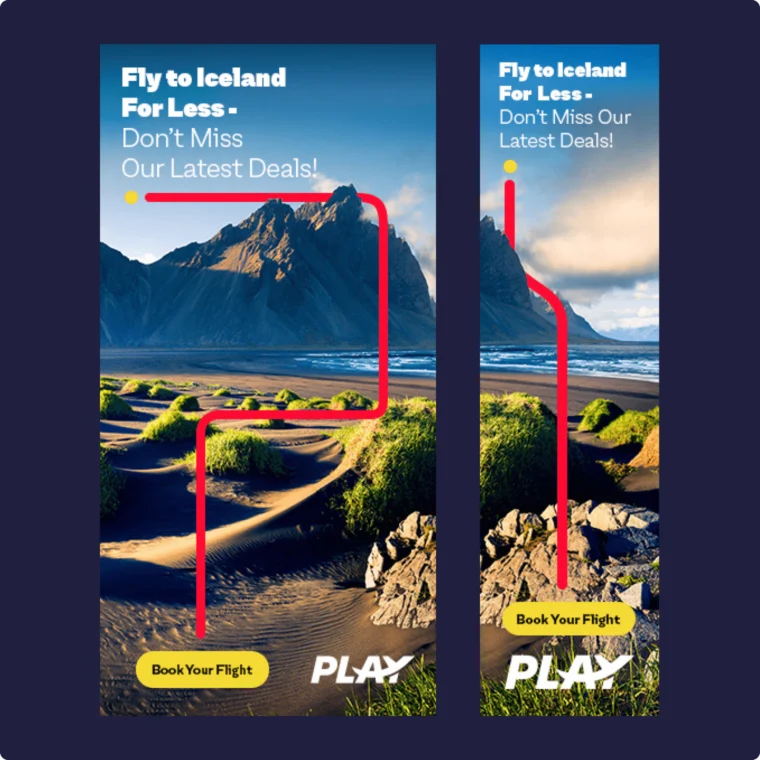 Travel advertisement featuring Icelandic landscape with mountains and green moss. Text reads, "Fly to Iceland For Less - Don’t Miss Our Latest Deals!" Two buttons say "Book Your Flight.