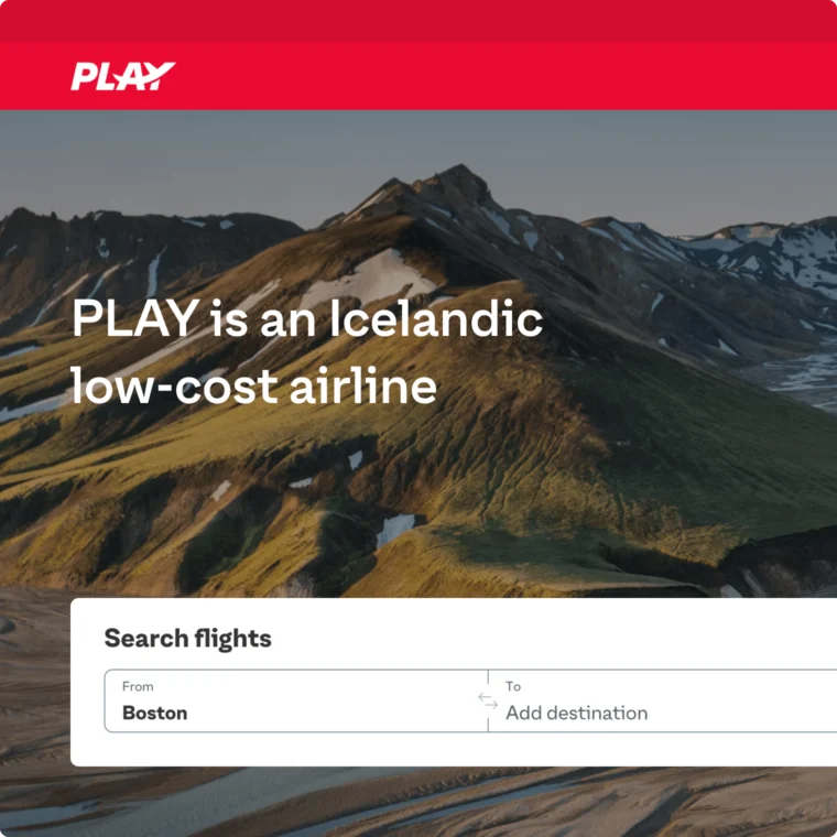 Flight search interface for PLAY airline with an Icelandic landscape background.