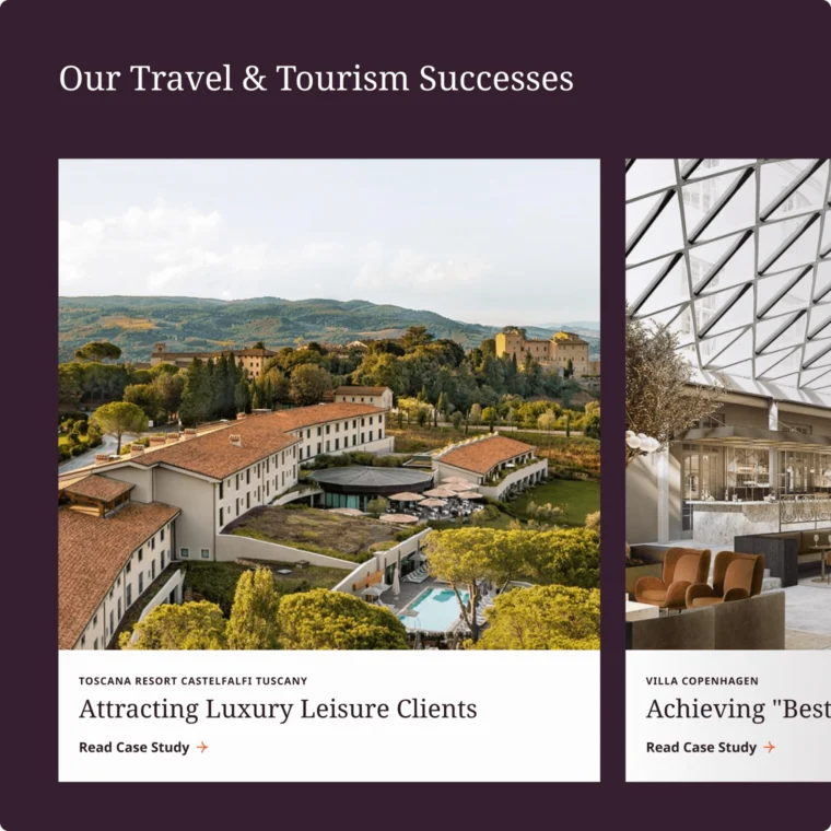 Two case studies showcased: Toscana Resort Castelfalfi in Tuscany and Villa Copenhagen, highlighting successes in attracting luxury leisure clients and achieving "Best Hotel" status.