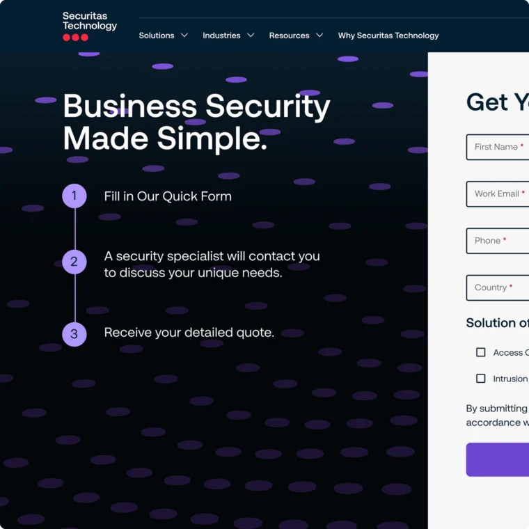 Online security service form with steps: Fill form, consult with specialist, receive quote. Form fields include name, phone, country, and solution options.