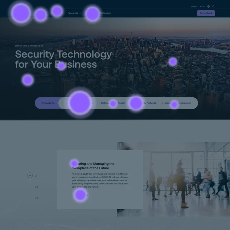 A website layout featuring a heatmap overlay with purple spots indicating areas of user interaction. The header reads "Security Technology for Your Business" over a cityscape background.