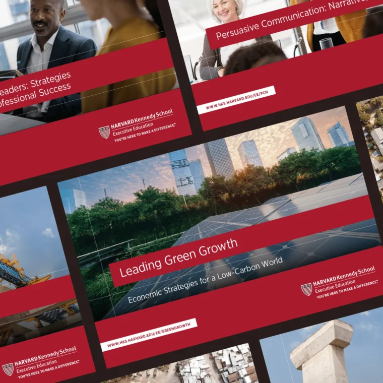 Collage of promotional slides for Harvard Kennedy School Executive Education, featuring topics like leadership, green growth, and communication, with diverse professional imagery.