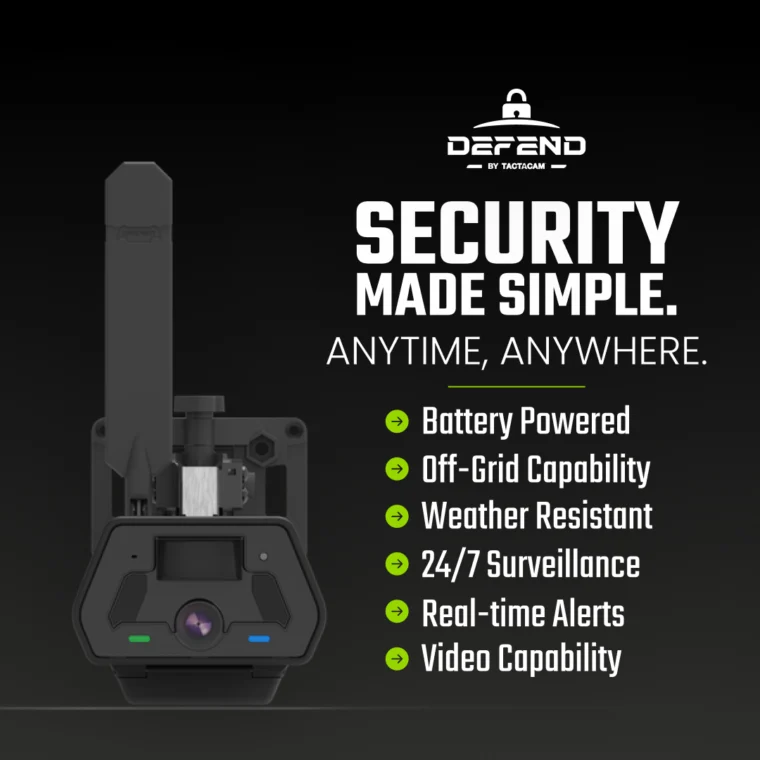 Image of a security device by Tactacam, featuring battery power, off-grid capability, weather resistance, 24/7 surveillance, real-time alerts, and video capability, with the text "Security Made Simple".