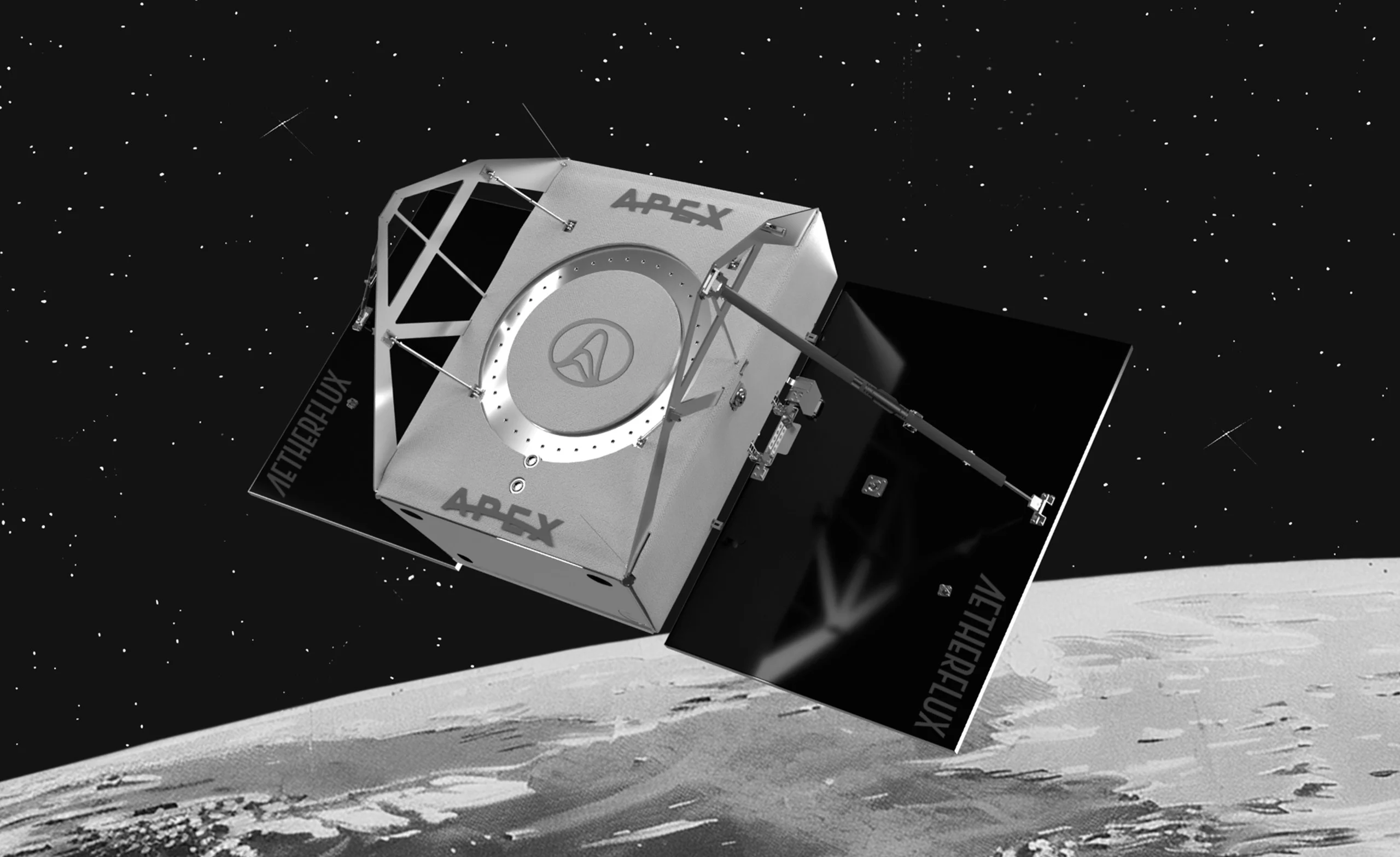 A spacecraft labeled "Aetherlux APEx" orbits above a planet's surface against a starry background.