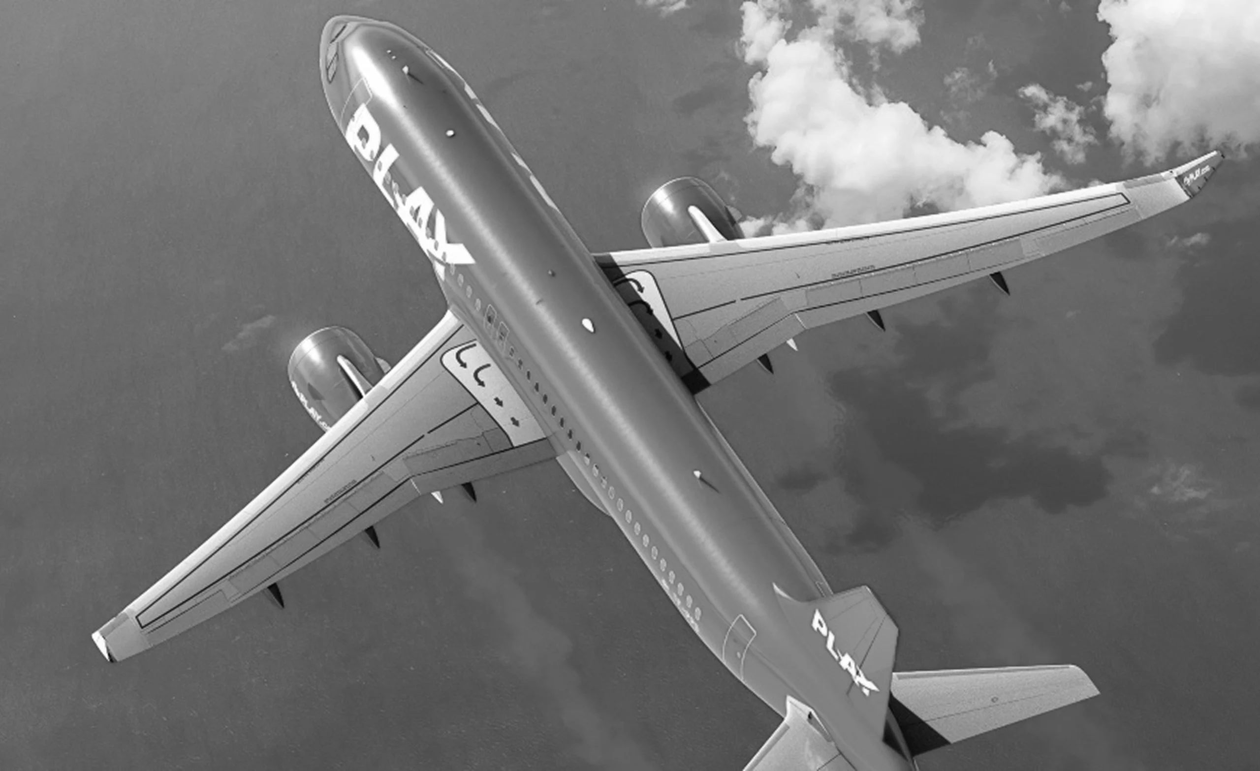 A plane with "PLAY" on the fuselage flies over a body of water, with scattered clouds in the sky.