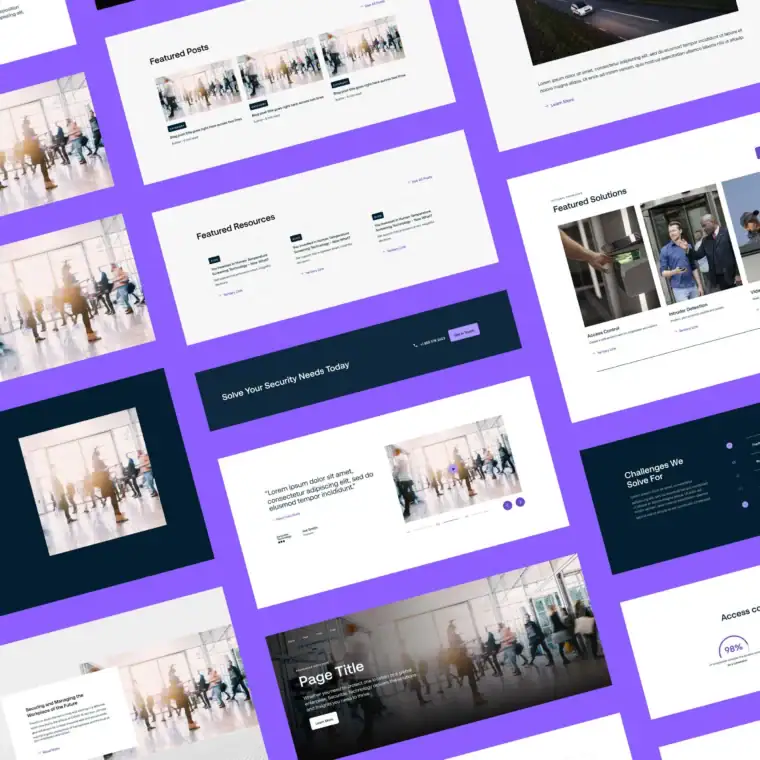 Digital mockups of website pages with images, text blocks, cards, and buttons are displayed in an angled grid on a purple background.